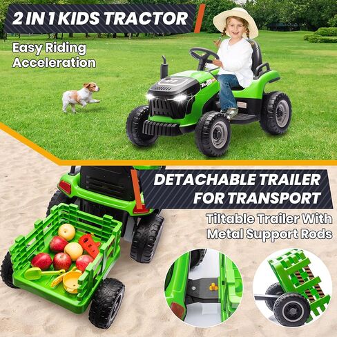 ألعاب ركوب JOYRACER 24 فولت للأطفال، جرار كهربائي مع محركات 400 وات، مقطورة قابلة للإمالة والفصل، مقعد قابل للتعديل، بلوتوث، موسيقى، ألعاب جرار للتحكم عن بعد للأولاد، زمرد in Kuwait