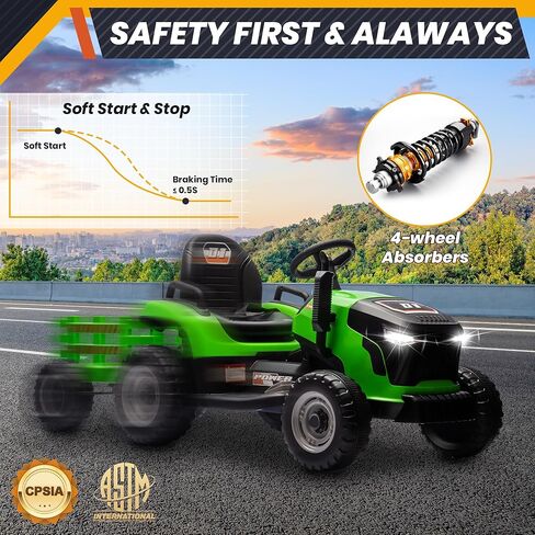 ألعاب ركوب JOYRACER 24 فولت للأطفال، جرار كهربائي مع محركات 400 وات، مقطورة قابلة للإمالة والفصل، مقعد قابل للتعديل، بلوتوث، موسيقى، ألعاب جرار للتحكم عن بعد للأولاد، زمرد in Kuwait