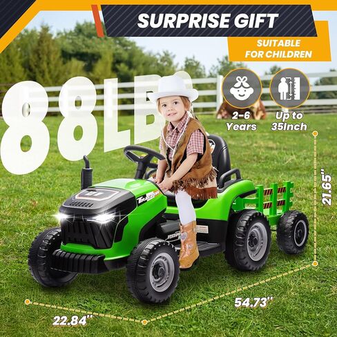 ألعاب ركوب JOYRACER 24 فولت للأطفال، جرار كهربائي مع محركات 400 وات، مقطورة قابلة للإمالة والفصل، مقعد قابل للتعديل، بلوتوث، موسيقى، ألعاب جرار للتحكم عن بعد للأولاد، زمرد in Kuwait