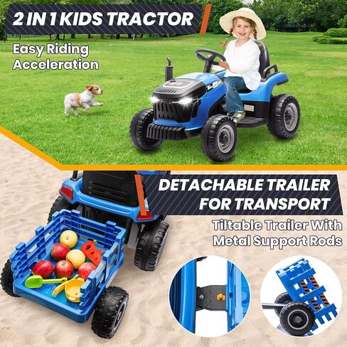 ألعاب ركوب JOYRACER 24 فولت للأطفال، جرار كهربائي مع محركات 400 وات، مقطورة قابلة للإمالة والفصل، مقعد قابل للتعديل، بلوتوث، موسيقى، ألعاب جرار للتحكم عن بعد للأولاد، زمرد in Kuwait