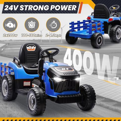 ألعاب ركوب JOYRACER 24 فولت للأطفال، جرار كهربائي مع محركات 400 وات، مقطورة قابلة للإمالة والفصل، مقعد قابل للتعديل، بلوتوث، موسيقى، ألعاب جرار للتحكم عن بعد للأولاد، زمرد in Kuwait