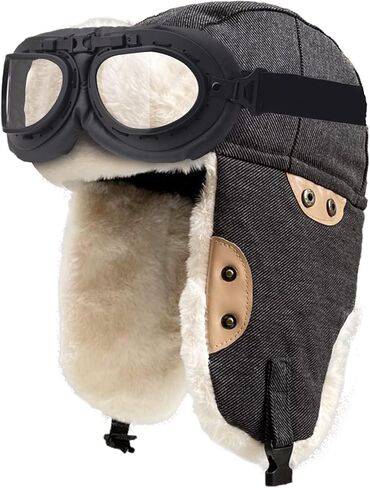 Peicees Trapper Aviator Hat and Goggles Costume Accessories Bomber Trooper Ushanka Hat Cap with Fur Ear Flap in Kuwait