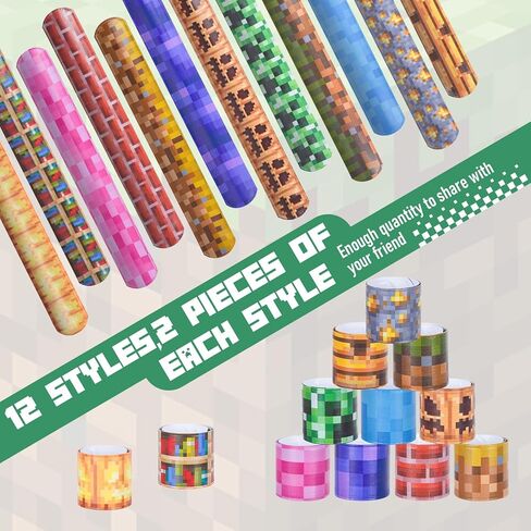 24 قطعة من هدايا حفلات البكسل - أساور Pixel Slap، مستلزمات حفلات تزيين أعياد الميلاد، تبادل الهدايا وجوائز الفصل الدراسي، ديكورات موضوع اللعبة (12 طرازًا) in Saudi Arabia