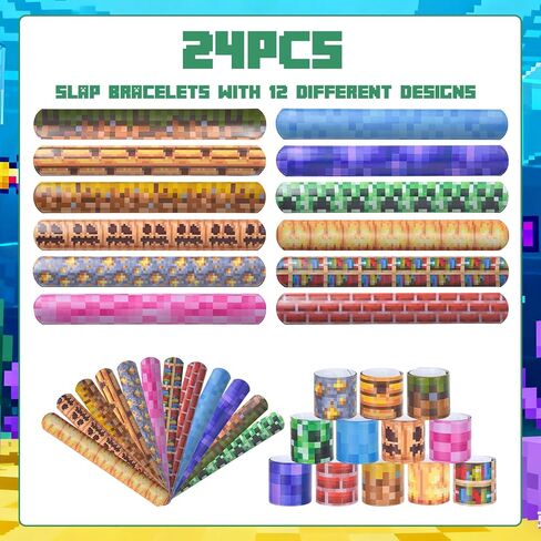 24 قطعة من هدايا حفلات البكسل - أساور Pixel Slap، مستلزمات حفلات تزيين أعياد الميلاد، تبادل الهدايا وجوائز الفصل الدراسي، ديكورات موضوع اللعبة (12 طرازًا) in Saudi Arabia