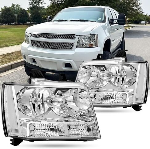 2pcs Headlights Assembly Set For 2007-2014 Chevy Tahoe Suburban 1500 2500/2007-2013 Chevy Avalanche LS LT LTZ Replacement Headlamp Chrome Housing Clear Reflector and Lens GM2503263 GM2502263 in Saudi Arabia