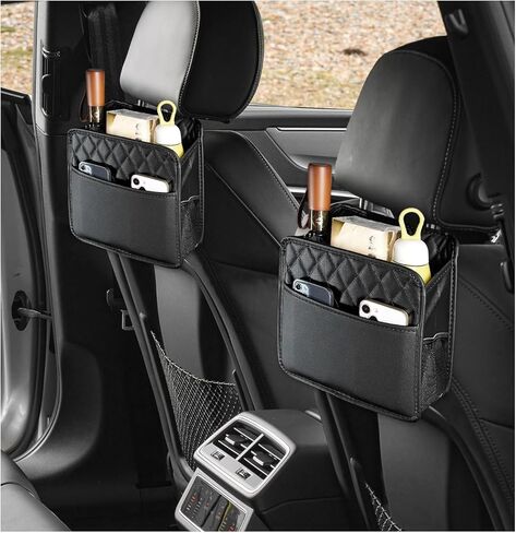 2PCS Car Seat Back Organizer, Waterproof Leather Hanging Backseat Organizer with Storage Pockets, Large Capacity Auto Trash Bag Collapsible Document Holder for Most Vehicles in Saudi Arabia