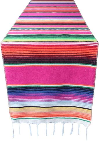 Mexican Serape Table Runner for Theme Party, Cinco de Mayo Fiesta Day of Death Decorations, Falsa Classic Striped Fringe Pattern Cotton Blanket, Black,14x84 inches, 14inchx84inch (T2-84-BLK-1) in Saudi Arabia