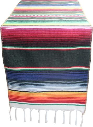 Mexican Serape Table Runner for Theme Party, Cinco de Mayo Fiesta Day of Death Decorations, Falsa Classic Striped Fringe Pattern Cotton Blanket, Black,14x84 inches, 14inchx84inch (T2-84-BLK-1) in Saudi Arabia