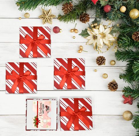Gift Boutique - حامل صندوق هدايا لبطاقات عيد الميلاد مع مجموعة من الأقواس مكونة من 6 قطع من قصب الحلوى باللونين الأحمر والأبيض وهدايا العطلات وبطاقات التهنئة وحاملات أموال مربعة الشكل لتزيين حفلات عيد الميلاد in Kuwait