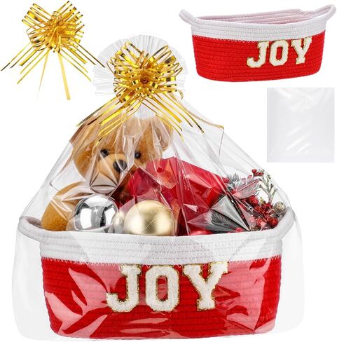 Qinyoung 1 Set Christmas Gift Basket Empty Small Woven Rope Basket with Gift Wrapping Bag Ribbon 12" x 8" x 5" Storage Organizer with Handle for Christmas Home Decoration in Kuwait