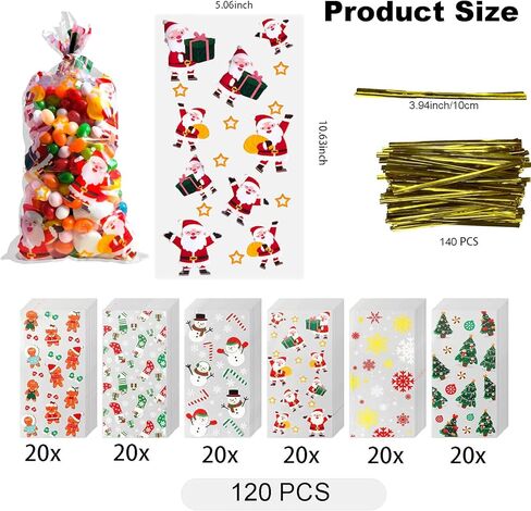 120 قطعة من أكياس حلوى السيلوفان لعيد الميلاد مع أربطة ملتوية (10.6 × 5.1 بوصة) - أكياس هدايا شفافة من التشيلو وحقائب حلوى الأشياء الجيدة لحفلات عيد الميلاد وتغليف هدايا عيد الميلاد ومستلزمات الحفلات in Kuwait