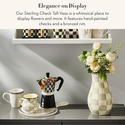 MACKENZIE-CHILDS Tall Enamel Vase, Unique Flower Vase, Decorative Table Decor for Living Room, Black-and-White Courtly Check in Saudi Arabia