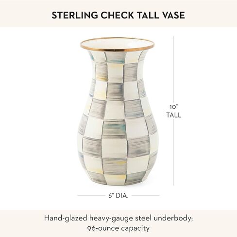 MACKENZIE-CHILDS Tall Enamel Vase, Unique Flower Vase, Decorative Table Decor for Living Room, Black-and-White Courtly Check in Saudi Arabia
