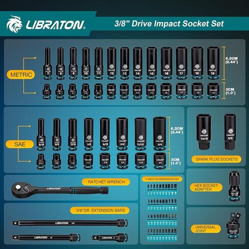 LIBRATON 3/8 Socket Set 90PCS, SAE(5/16-3/4") & Metric(7-19MM) Impact Socket Set, Cr-V Impact Driver Socket, Deep&Shallow, Extension Bars, Ratchet Handle, Screwdriver Bits, Spark Plug Sockets, Adapter in Saudi Arabia