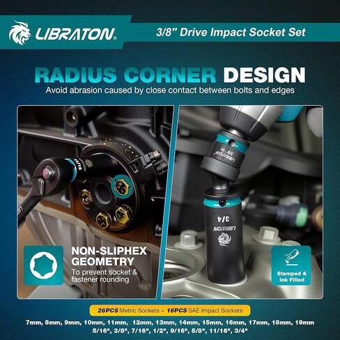 LIBRATON 3/8 Socket Set 90PCS, SAE(5/16-3/4") & Metric(7-19MM) Impact Socket Set, Cr-V Impact Driver Socket, Deep&Shallow, Extension Bars, Ratchet Handle, Screwdriver Bits, Spark Plug Sockets, Adapter in Saudi Arabia