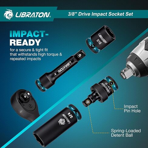 LIBRATON 3/8 Socket Set 90PCS, SAE(5/16-3/4") & Metric(7-19MM) Impact Socket Set, Cr-V Impact Driver Socket, Deep&Shallow, Extension Bars, Ratchet Handle, Screwdriver Bits, Spark Plug Sockets, Adapter in Saudi Arabia