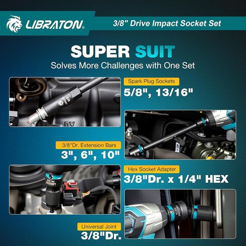 LIBRATON 3/8 Socket Set 90PCS, SAE(5/16-3/4") & Metric(7-19MM) Impact Socket Set, Cr-V Impact Driver Socket, Deep&Shallow, Extension Bars, Ratchet Handle, Screwdriver Bits, Spark Plug Sockets, Adapter in Saudi Arabia