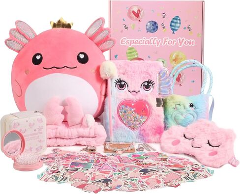 Axolotl Gift Set for Girls - Cute Axolotl Themed Gift Box with Fluffy Diary with lock and keys, Stickers, Pen and More Axolotl Accessories, Christmas Birthday Gifts for Girls in Saudi Arabia