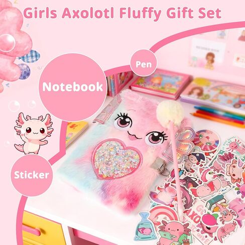 Axolotl Gift Set for Girls - Cute Axolotl Themed Gift Box with Fluffy Diary with lock and keys, Stickers, Pen and More Axolotl Accessories, Christmas Birthday Gifts for Girls in Saudi Arabia