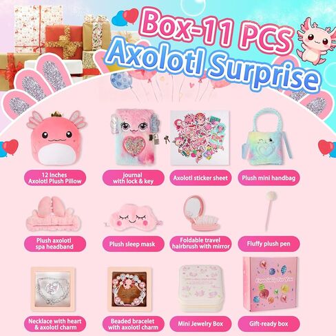 Axolotl Gift Set for Girls - Cute Axolotl Themed Gift Box with Fluffy Diary with lock and keys, Stickers, Pen and More Axolotl Accessories, Christmas Birthday Gifts for Girls in Saudi Arabia