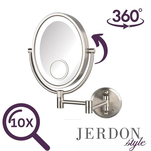 Jerdon Magnifying Makeup Mirror with LED Light -10X-1X Magnification & 15X Spot Mirror in Nickel Finish - Model HL9510NL in Saudi Arabia