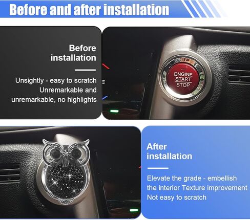 غطاء زر تشغيل محرك السيارة الكريستالي من Bling Owl - ملصق حلقة زر إيقاف التشغيل بالضغط على حجر الراين الماسي - غطاء واقي للمفتاح - ملصق تزيين داخلي للسيارة مضاد للخدش (أسود) in Kuwait