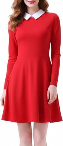 فستان Aphratti النسائي الكاجوال بأكمام طويلة وياقة بيتر بان على شكل حرف A مناسب ومتوهج in Kuwait