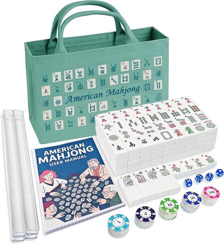 مجموعة بلاط American Mahjong - كاملة 166 بلاطة مع ملحقات فاخرة، 4 رفوف، 100 شريحة ملونة، كتاب تعليمات و1+3 أكياس تخزين تحت عنوان Mahjong، مجموعة Mahjong المحمولة للمتعة العائلية والعطلات in Saudi Arabia