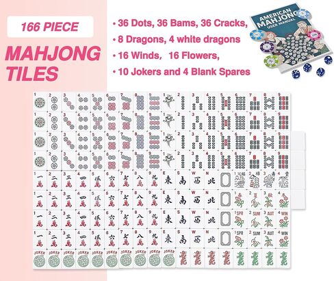 مجموعة بلاط American Mahjong - كاملة 166 بلاطة مع ملحقات فاخرة، 4 رفوف، 100 شريحة ملونة، كتاب تعليمات و1+3 أكياس تخزين تحت عنوان Mahjong، مجموعة Mahjong المحمولة للمتعة العائلية والعطلات in Saudi Arabia