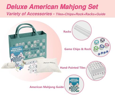 مجموعة بلاط American Mahjong - كاملة 166 بلاطة مع ملحقات فاخرة، 4 رفوف، 100 شريحة ملونة، كتاب تعليمات و1+3 أكياس تخزين تحت عنوان Mahjong، مجموعة Mahjong المحمولة للمتعة العائلية والعطلات in Saudi Arabia