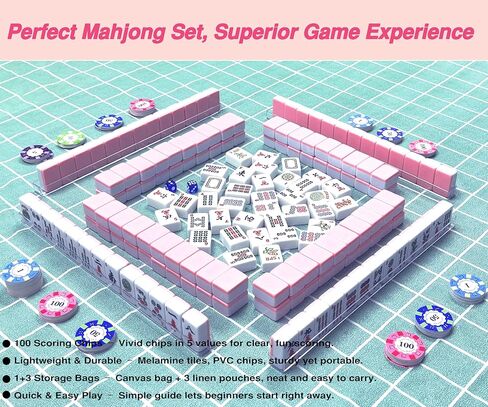 مجموعة بلاط American Mahjong - كاملة 166 بلاطة مع ملحقات فاخرة، 4 رفوف، 100 شريحة ملونة، كتاب تعليمات و1+3 أكياس تخزين تحت عنوان Mahjong، مجموعة Mahjong المحمولة للمتعة العائلية والعطلات in Saudi Arabia