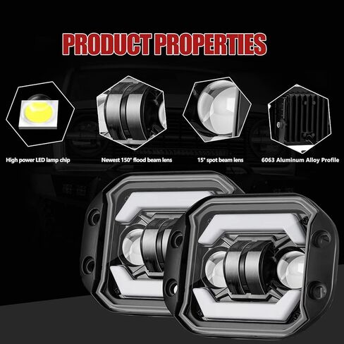 Flush Mount LED Pods with DRL, 2pcs 5Inch 80W Driving Lights Spot Flood Combo Beam Backup Bumper Lights for Trucks UTV ATV SUV Boat 4x4 Car … in Saudi Arabia