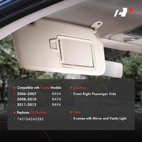 واقي الشمس من الجانب الأيمن للركاب من A-Premium متوافق مع Toyota RAV4 2006-2013 - مع ضوء الغرور، مع مرآة الزينة، مع امتداد حاجب الشمس المنزلق، رمادي - يستبدل 74310-42452-B2، 7431042452B2 in Saudi Arabia