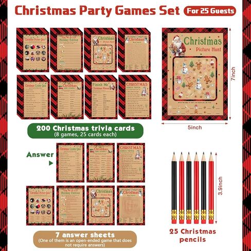 232 Pcs Christmas Trivia Party Games Set Include 207 Xmas Games Question Answer Paper Cards 25 Pencils for Holiday Festival Guessing Activity Party Supplies, 25 Players(Stripe) in Kuwait