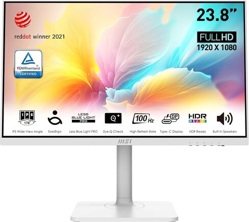 شاشة كمبيوتر MSI Modern MD2412PW مقاس 24 بوصة IPS 1920 × 1080 (FHD)، 100 هرتز، مزامنة تكيفية، جاهزة لـ HDR، HDMI، توصيل طاقة USBC 15 وات، مكبر صوت، قابل للتركيب على VESA، ارتفاع قابل للتعديل، 1 مللي ثانية، أبيض in Kuwait