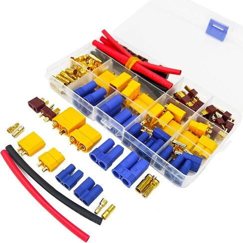 102Pcs T-Plug / XT60 / XT90 / EC3 / EC5 / 3.5mm Banana Plug Male Female Adapter Connectors with Heat Shrink Tubing for RC Lipo Battery Charger Electronic Speed Control ESC Motor in Saudi Arabia