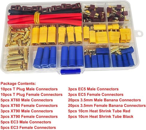 102Pcs T-Plug / XT60 / XT90 / EC3 / EC5 / 3.5mm Banana Plug Male Female Adapter Connectors with Heat Shrink Tubing for RC Lipo Battery Charger Electronic Speed Control ESC Motor in Saudi Arabia