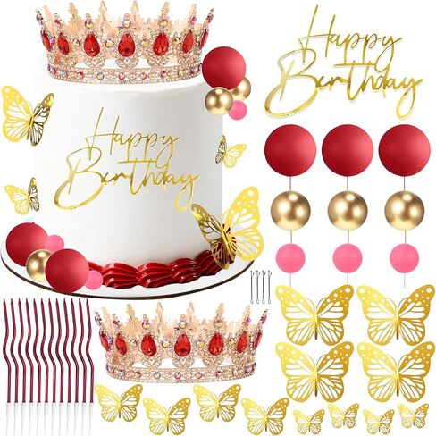 AMZVALU Crown Cake Topper, Happy Birthday Cake Toppers Pink Crown Balls Candles Gold Butterflies, Corona Para Pastel, Cake Decorations for Women Princess Queen Birthday Party Wedding (Rose Gold) in Saudi Arabia