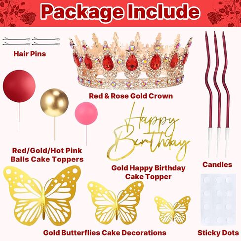 AMZVALU Crown Cake Topper, Happy Birthday Cake Toppers Pink Crown Balls Candles Gold Butterflies, Corona Para Pastel, Cake Decorations for Women Princess Queen Birthday Party Wedding (Rose Gold) in Saudi Arabia