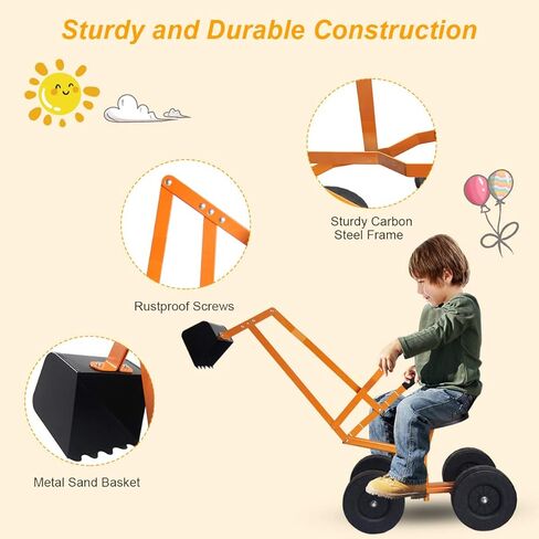 HONEY JOY Ride on Sand Digger، لعبة حفار رمل معدنية تجلس على رافعة مع مقعد ومقبض، لعبة ركوب حفار للأطفال الصغار في الفناء الخلفي، 4 عجلات للأطفال حفار كبير للأولاد والبنات in Saudi Arabia