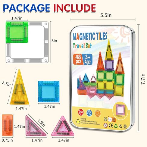 48PCS Mini Magnetic Tiles Travel Set 3+ Years | Kids Magnetic Building Blocks with Iron Box | STEM Educational Sensory Toys | Preschool & On-The-Go Games | Christmas Birthday Gift in Saudi Arabia
