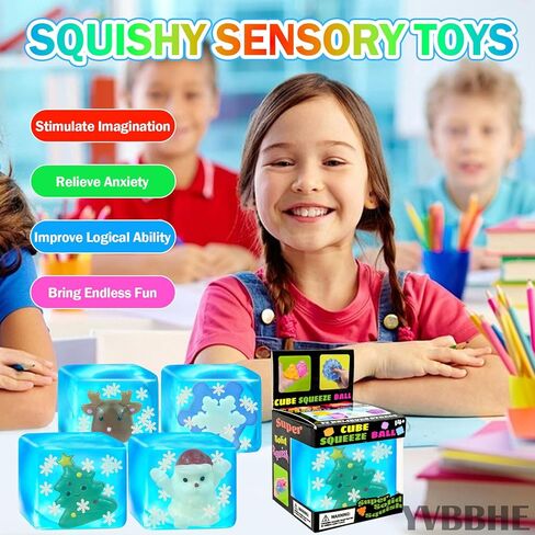 Blue Squeeze Cube with Luminous Devil Fish Inside，Squishy Stress Fidget Gummy Toys ，Glow in The Dark Animal Maltose Sensory Toys for Kids Autism , Stress Balls for Anxiety Stress Relief in Kuwait