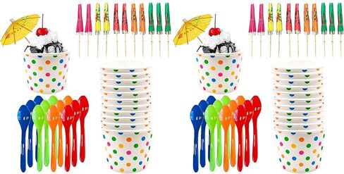 مجموعة مثلجات الآيس كريم - أكواب ورقية منقطة سعة 12 أونصة - ملاعق بلاستيكية ثقيلة الوزن - مظلات ورقية - 12 قطعة لكل منها وردي برتقالي أصفر أخضر أزرق in Saudi Arabia