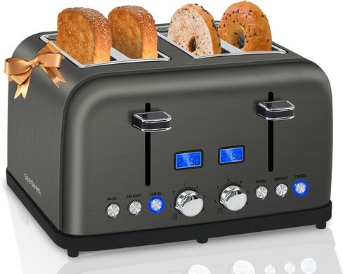 SEEDEEM Toaster 4 Slice, LCD Display, 6 Shade Settings, 1.5'' Wide Slots, Digital Stainless Toaster for Bagel, Defrost, Reheat, Dual Control, Removable Crumb Tray, 1500W, Dark Metallic in Kuwait