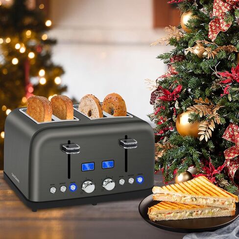 SEEDEEM Toaster 4 Slice, LCD Display, 6 Shade Settings, 1.5'' Wide Slots, Digital Stainless Toaster for Bagel, Defrost, Reheat, Dual Control, Removable Crumb Tray, 1500W, Dark Metallic in Kuwait
