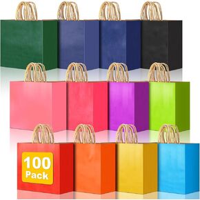 100 PCS Small Gift Bags with Handles, 5.91"x3.15"x8.27" Party Favor Bags, 12 Colored Goodie Bags for Birthday Party, Kraft Paper Gift Bags Bulk for Wedding, Baby Shower, Celebrations, Party Supplies in Kuwait