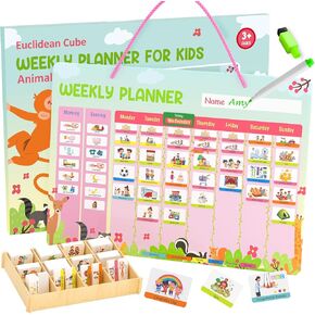 Euclidean Cube Weekly Planner for Kids - Magnetic Behavior Board Calendar with 237 Magnets, Storage Box, Easels, Hooks, Cord & Pen - Daily Routine and Chore Chart - Visual Schedule for Kids 3+ (Animal Theme) in Saudi Arabia