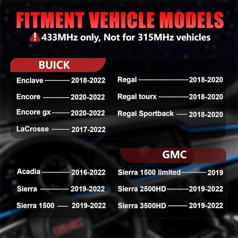 مستشعر TPMS مبرمج مسبقًا بتردد 433 ميجا هرتز متوافق مع جي إم سي أكاديا (2016-2022) | جي إم سي سييرا1500/2500HD/3500HD(2019-2020) | بويك إنكليف (2018-2022) (4 قطع) in Kuwait