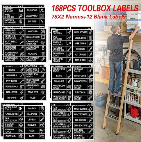 168 قطعة من ملصقات ملصقات صندوق الأدوات، ملصق تنظيم صندوق الأدوات، ملصقات صندوق الأدوات للتعرف السريع على أدراج صندوق الأدوات (أسود، 3 × 0.8 بوصة) in Saudi Arabia