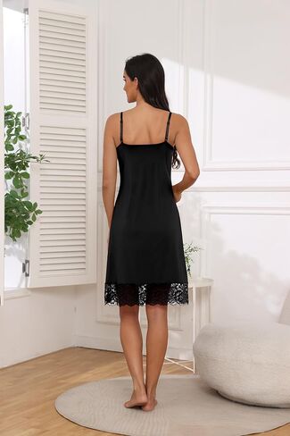 Women's Full Slips Adjustable Spaghetti Strap Lace Cami Slip Dress Satin Chemise Sexy V Neck Nightgown in Saudi Arabia